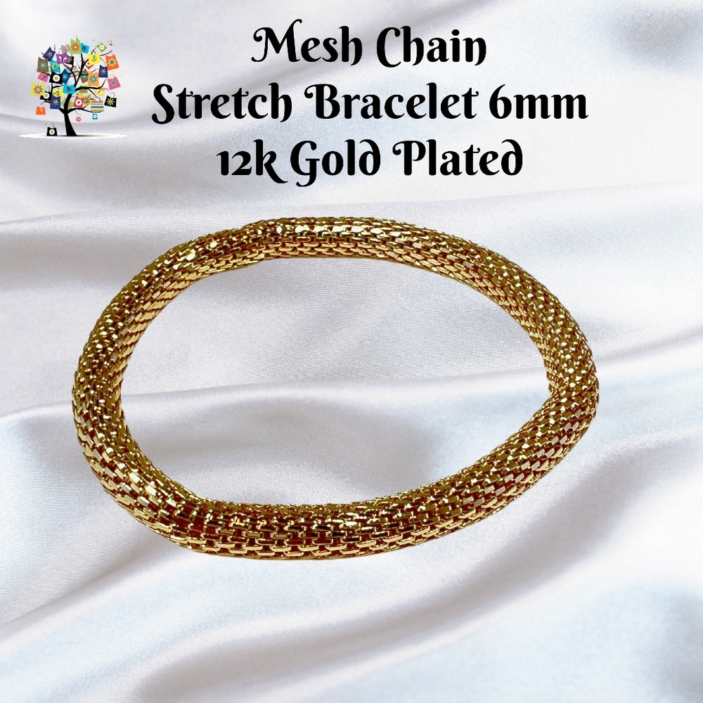Mesh Chain Stretch Bracelet 6mm Gold Plated on Iron - Glides on Easily!